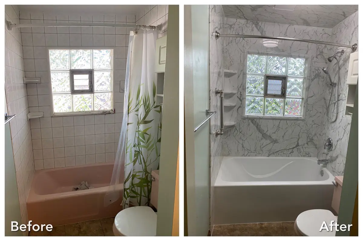 Marble tub surround remodel in Dix Hills, Suffolk County — before and after