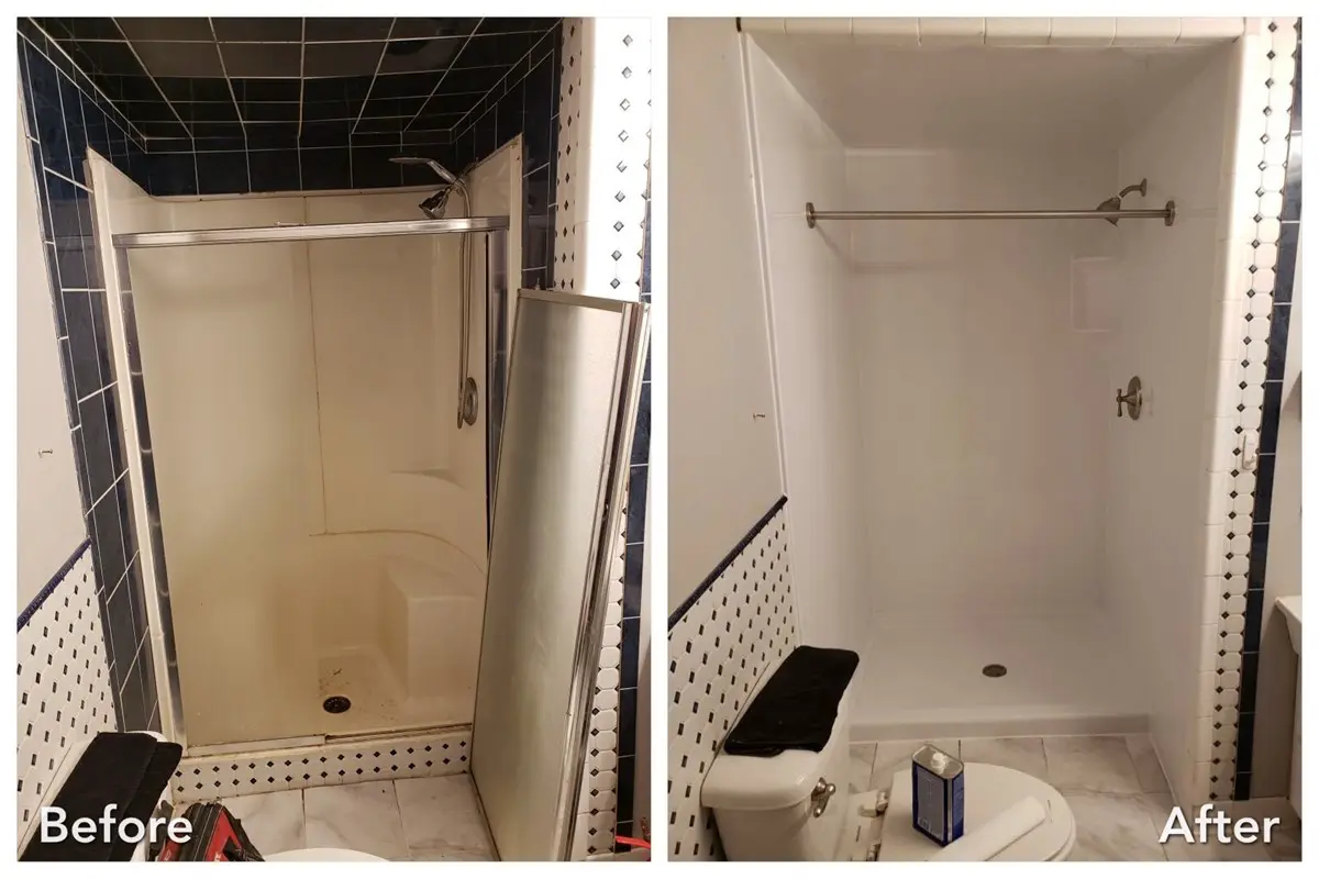 Navy blue tile stall replaced with bright white open shower — before and after