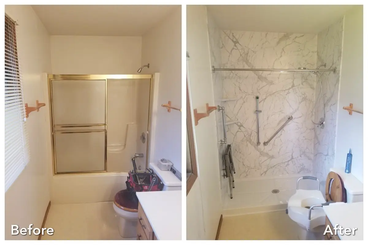Gold-framed tub converted to marble accessible shower with fold-down seat — before and after