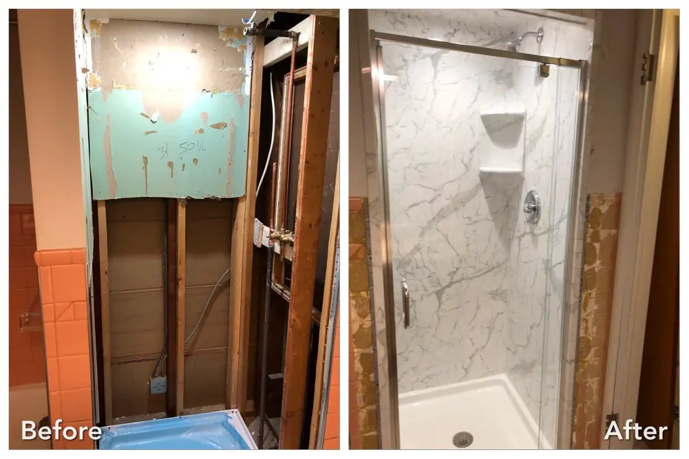 Gutted shower stall rebuilt with marble walls and pivot glass door — before and after
