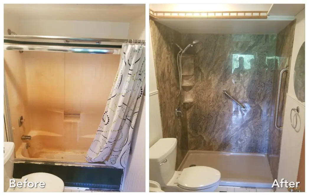 Stained bathtub replaced with stone-look walk-in shower — before and after