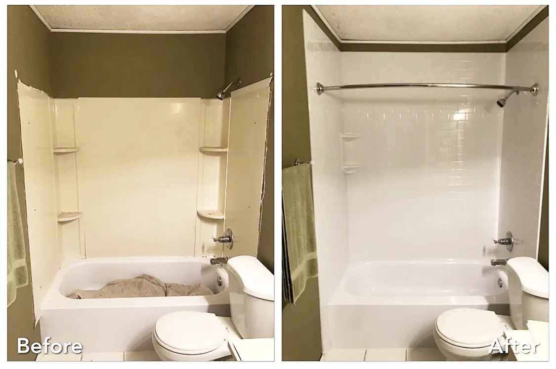 Tub surround refresh with white tile in Long Island — before and after