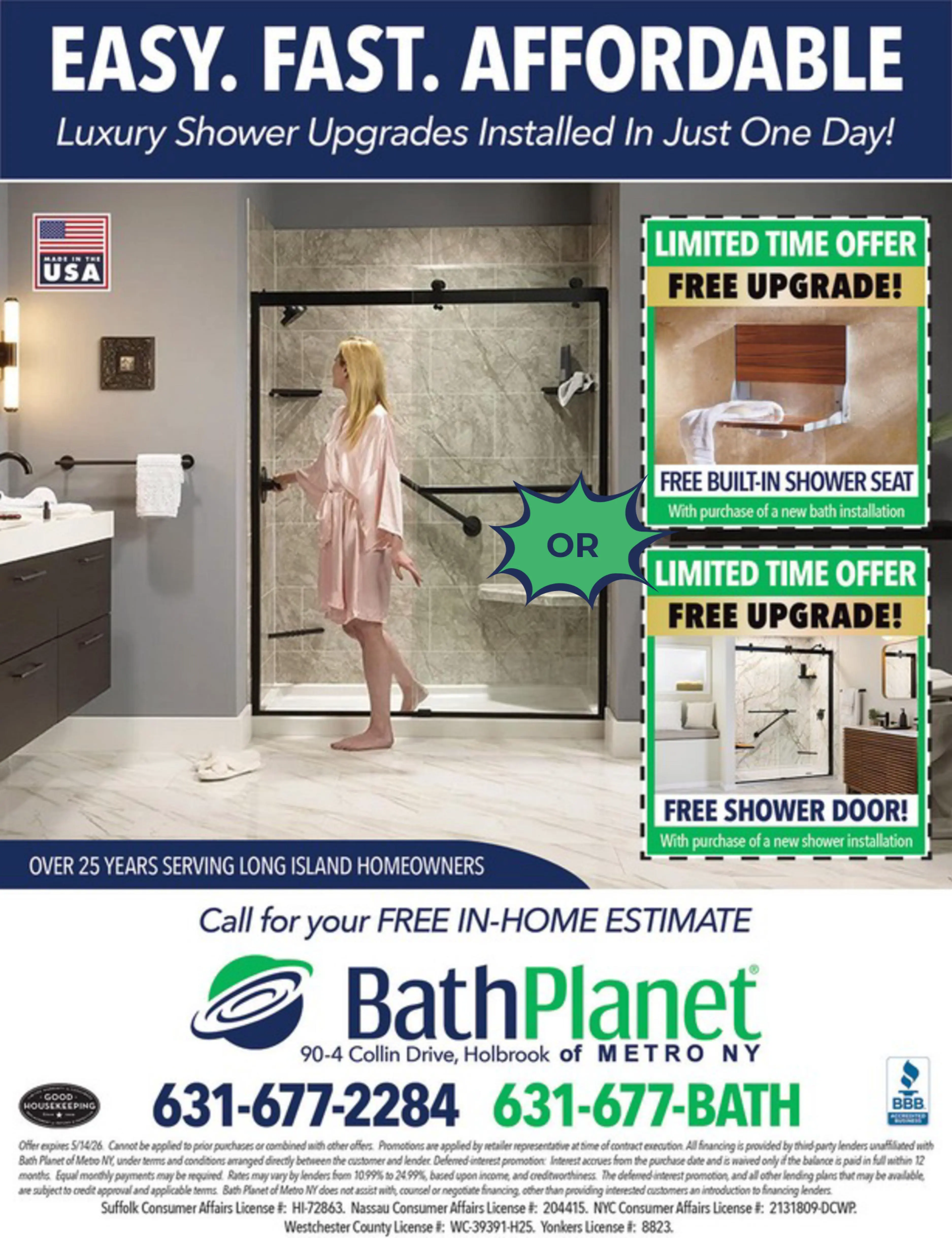 Bath Planet Free Upgrades — Free Built-In Shower Seat or Free Shower Door with new installation