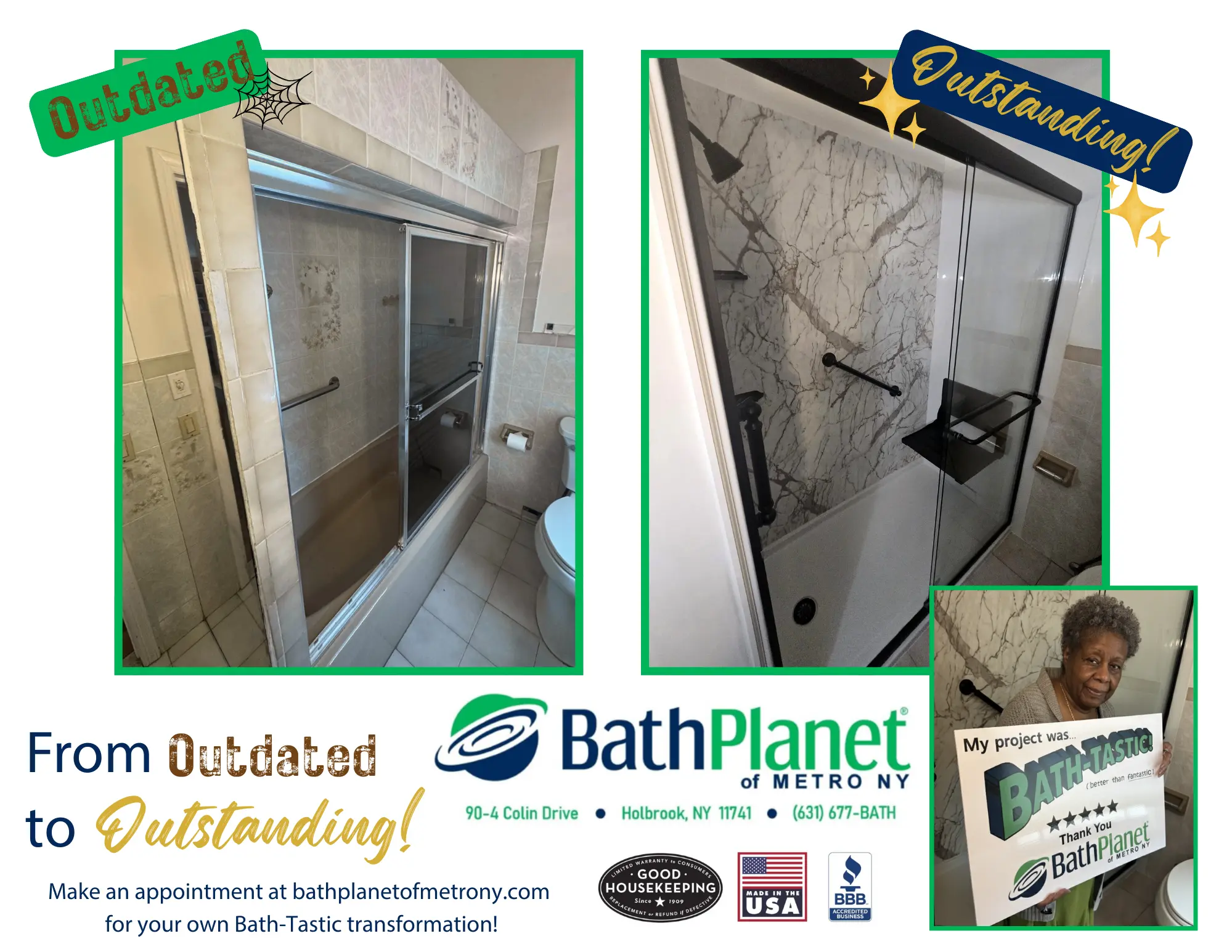 Happy homeowner showing their Bath-Tastic bathroom transformation — from outdated to outstanding