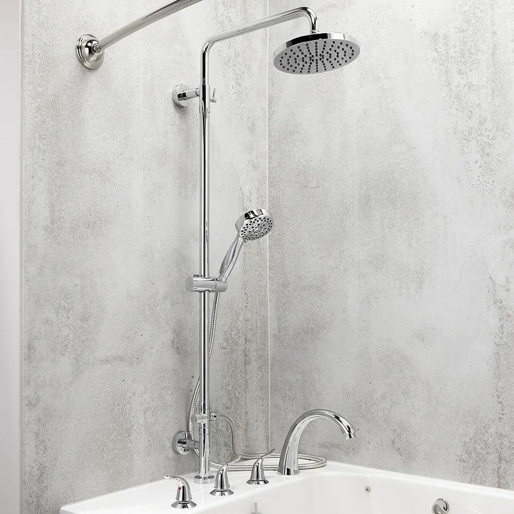 Chrome shower kit with rain head and handheld sprayer installed on walk-in tub