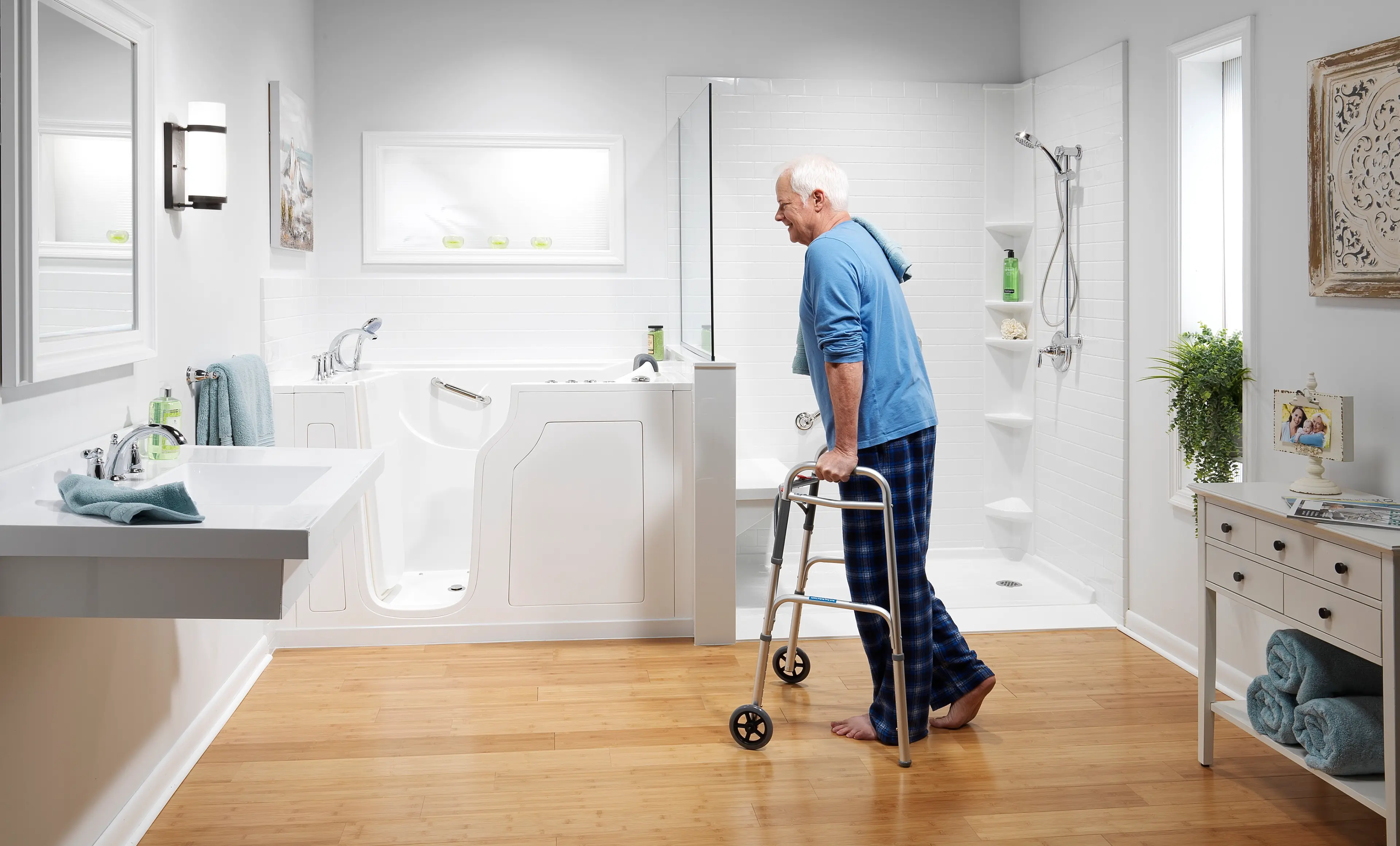 Accessible bathroom with walk-in tub and barrier-free shower