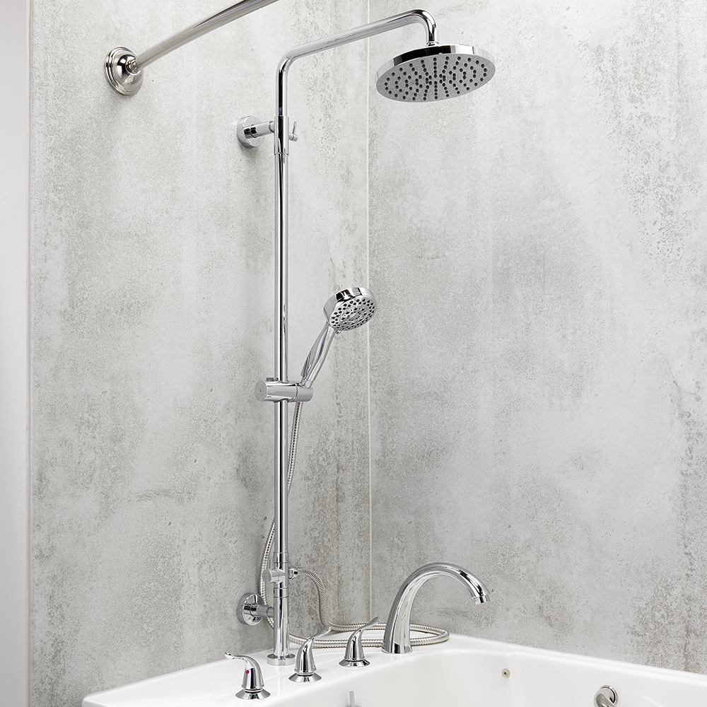 Chrome shower kit with rain head and handheld sprayer installed on walk-in tub