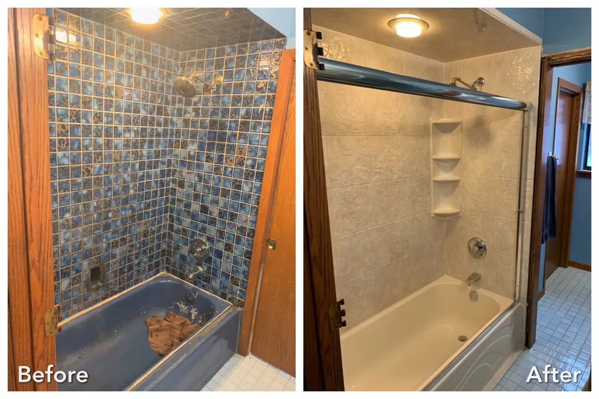 Before and after: Blue Mosaic to Marble Tub in Oakdale, Suffolk County