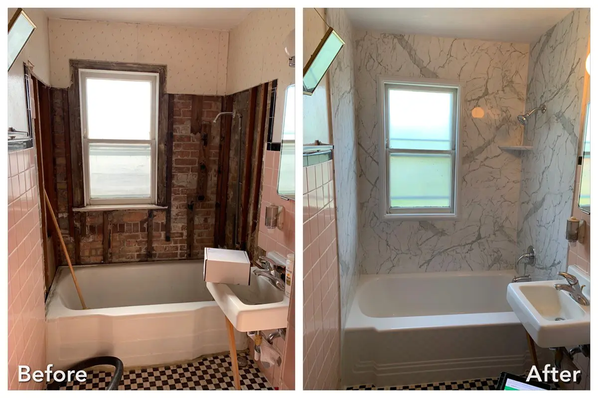 Before and after: Brick Wall to Marble Tub Surround in Glen Head, Nassau County