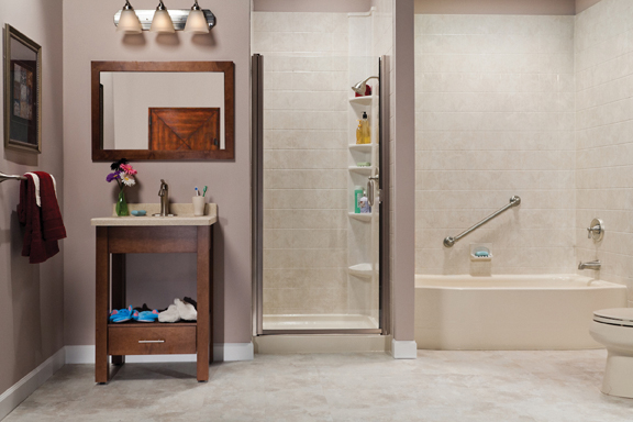 Biscuit tub with travertine tile shower and vanity