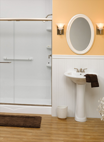 Bathroom with white wainscoting wall panels and shower